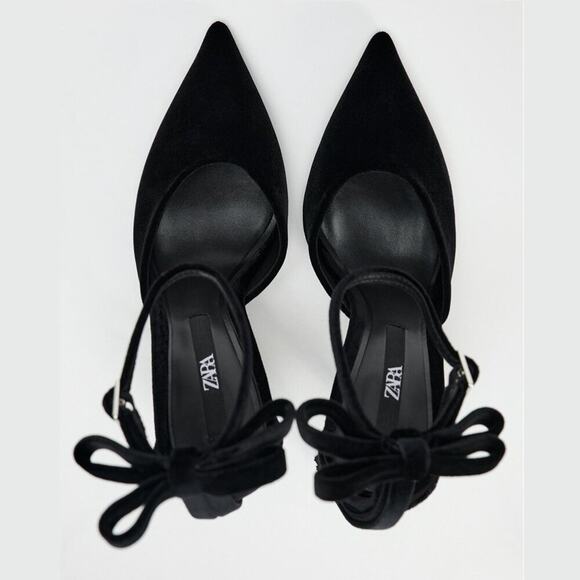 ZARA Black Pointed Toe Heels with Bow NWT - Picture 16 of 16
